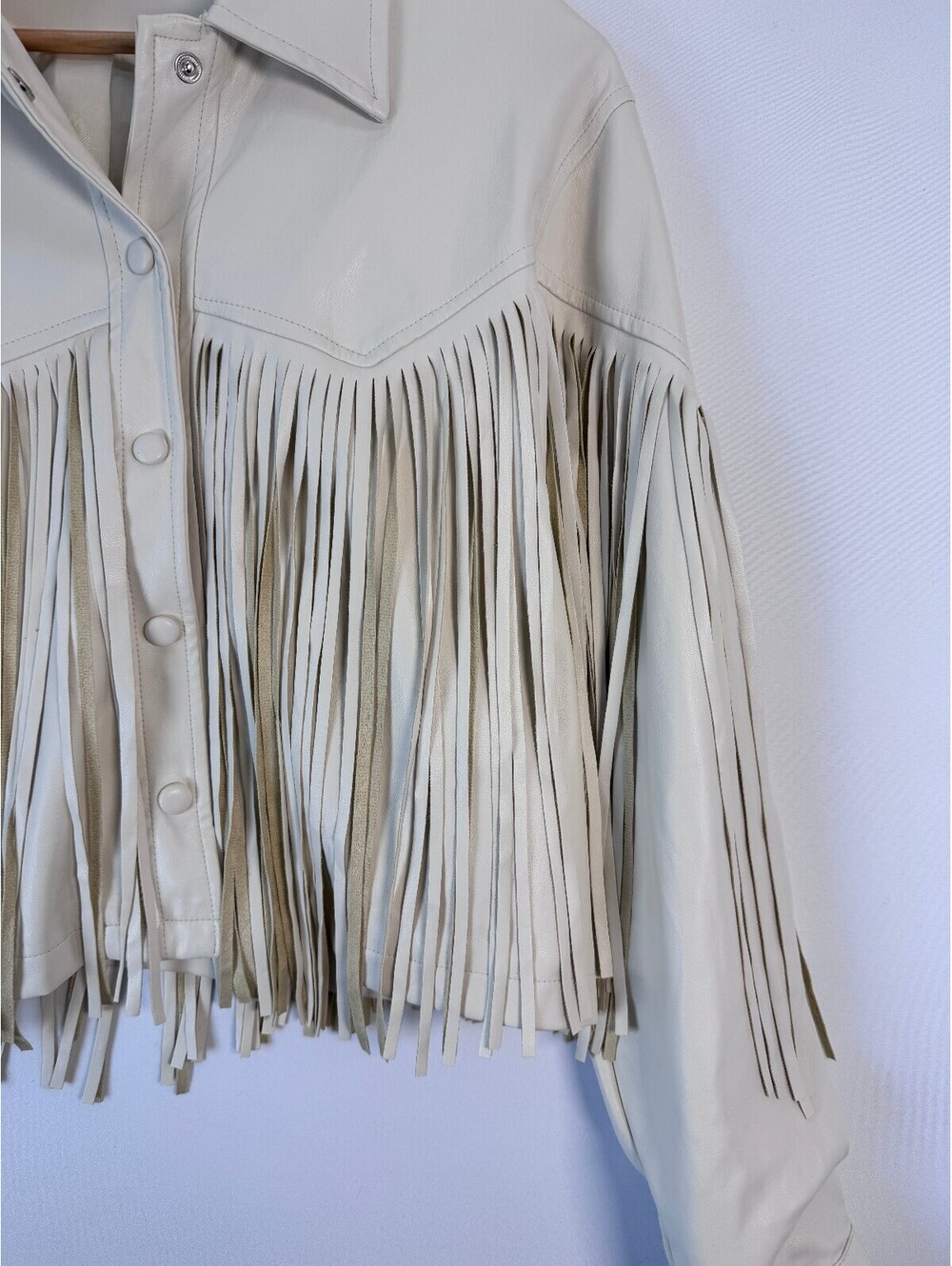 Nasty Gal Faux Leather Fringe Western Shacket Cream Boho Cowgirl Women’s M - Picture 2 of 8